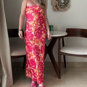 Strapless Floral Maxi Dress in Hot Pink & Orange